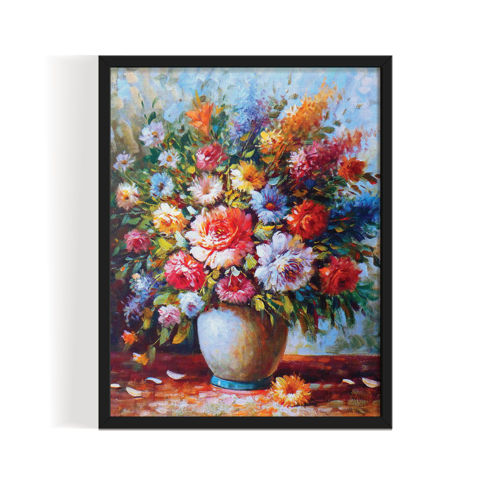 Flower Pot, Vintage Landscape, black framed print, for wall decor - Arts Fiesta Online Art Gallery