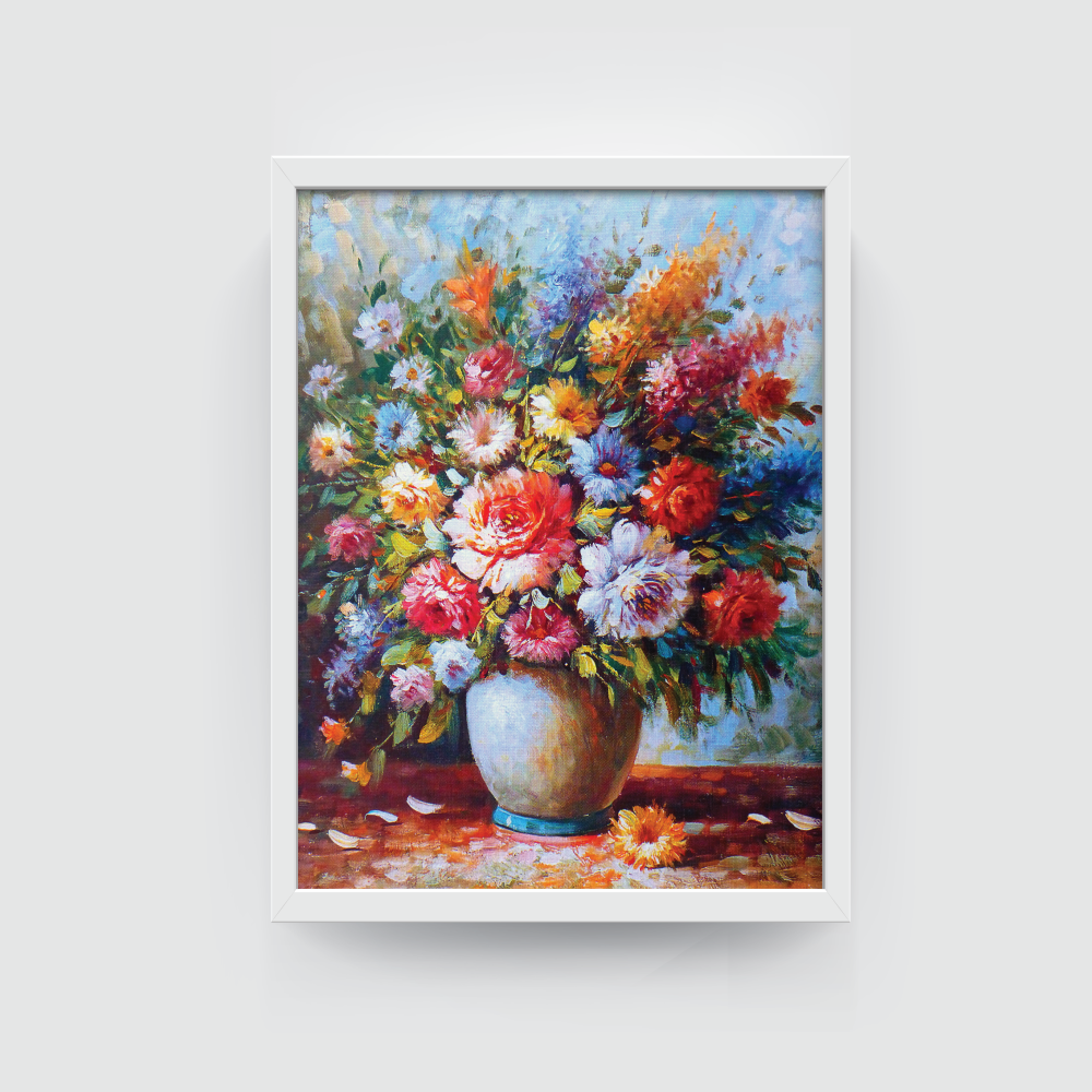 Flower Pot, Vintage Landscape, white framed print, for wall decor - Arts Fiesta Online Art Gallery