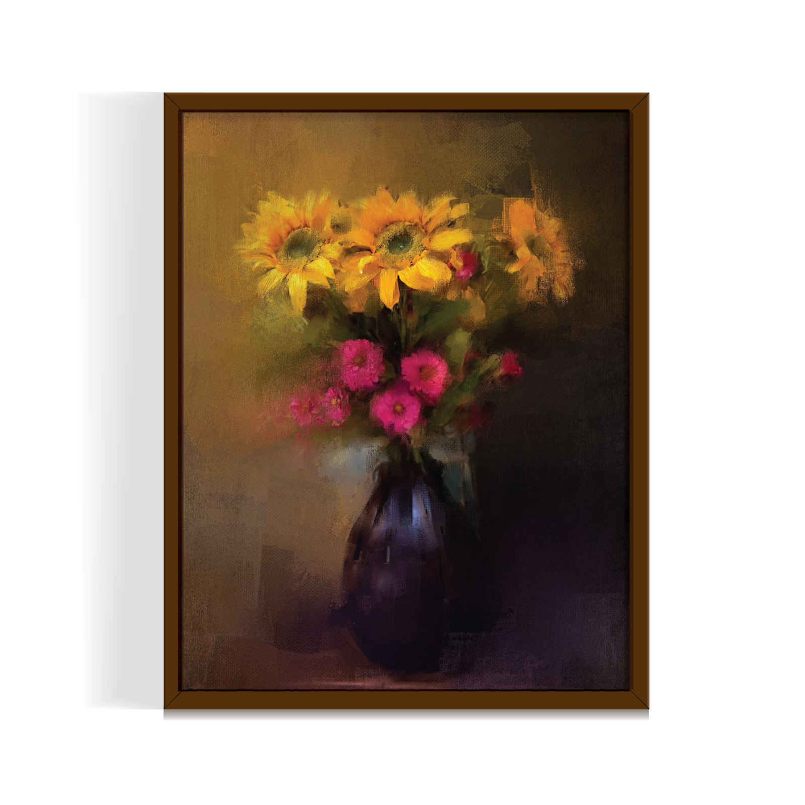 Yellow Flowers, Vintage Landscape, brown framed print, for wall decor - Arts Fiesta Online Art Gallery
