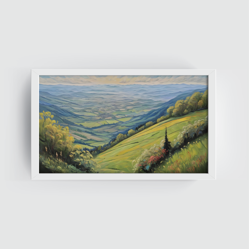 Verdant Vistas, landscape painting, white framed painting for wall decor - arts fiesta online art gallery