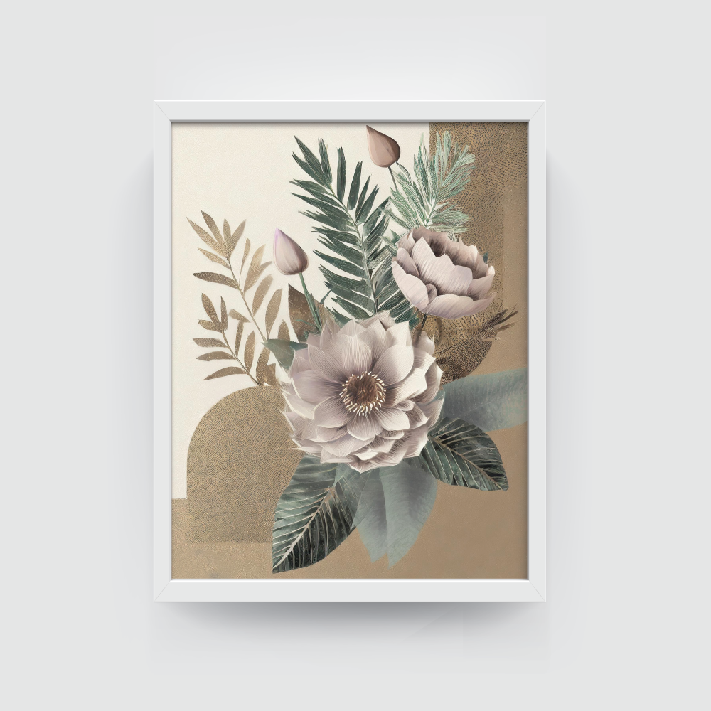Flower Aesthetics white frame Dancing Leaves ,Boho art, abstract painting white framed print, for wall decor - Arts Fiesta Online Art Gallery