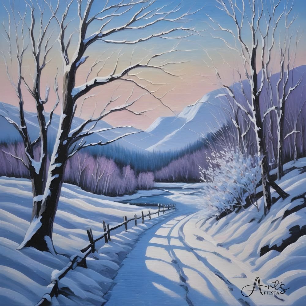 Rural Winter, landscape painting print by Arts Fiesta, online art gallery