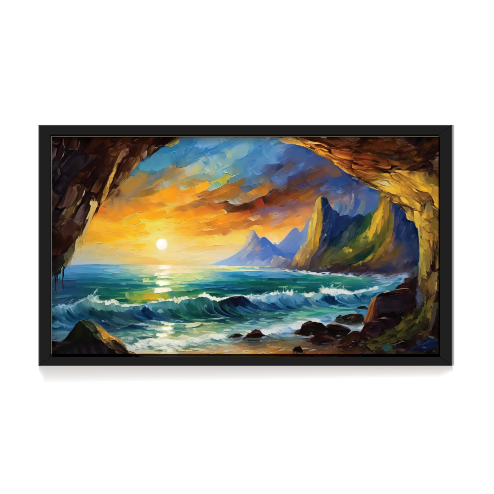 Sea Cave, landscape painting, black framed painting for wall decor - arts fiesta online art gallery