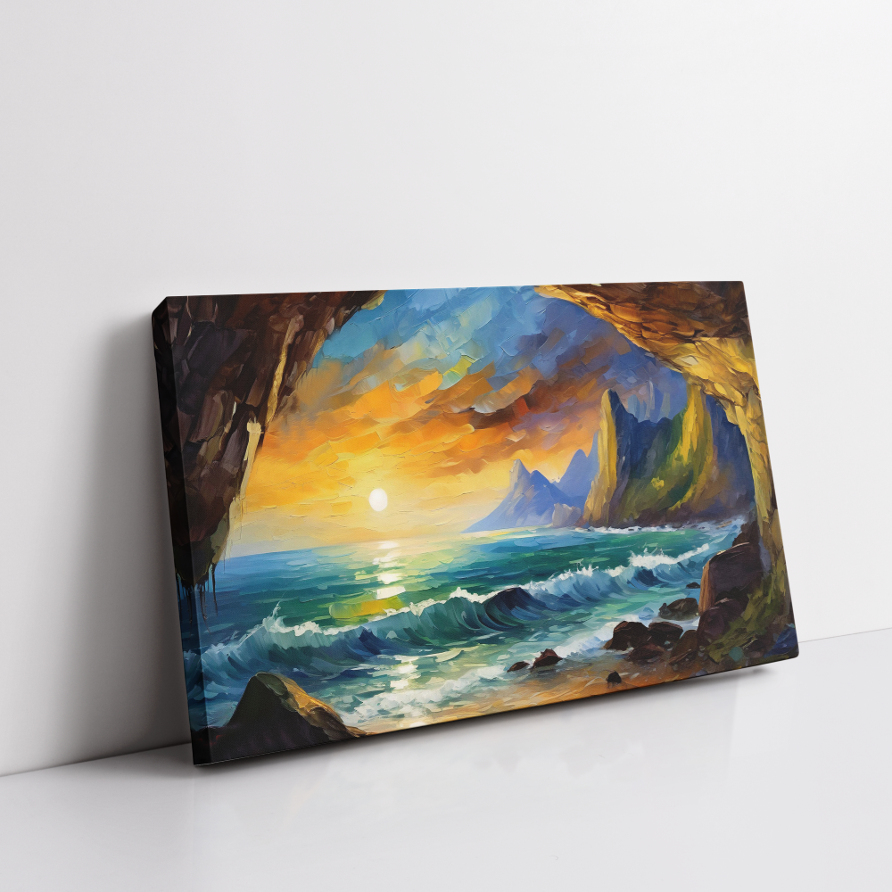 Sea Cave, landscape painting stretched canvas gallery wrapped canvas, for wall decor - Arts Fiesta Online Art Gallery
