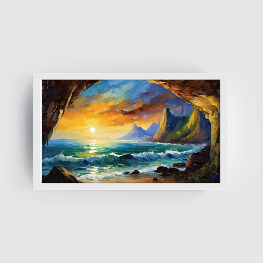 Sea Cave, landscape painting, white framed painting for wall decor - arts fiesta online art gallery