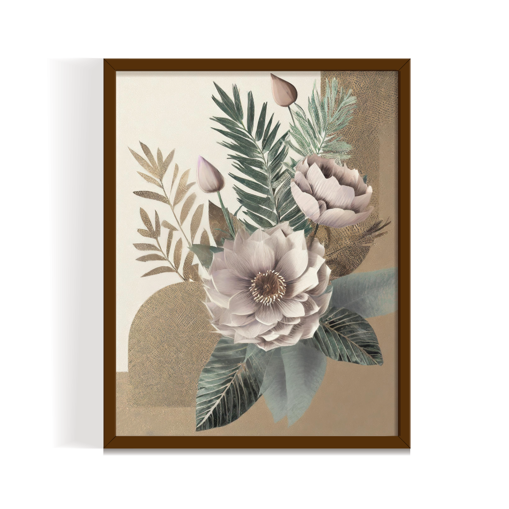 flower aesthetics brown frame-01 Dancing Leaves ,Boho art, abstract painting brown framed print, for wall decor - Arts Fiesta Online Art Gallery