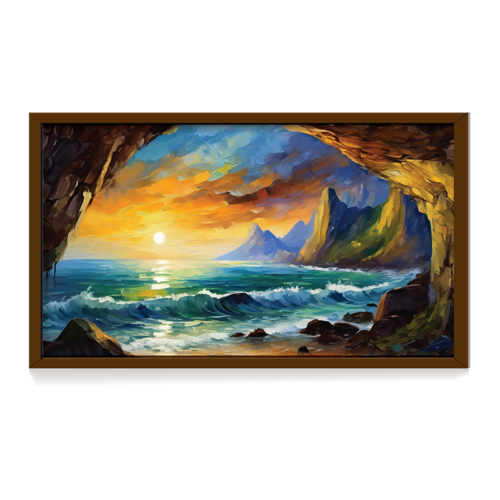 Sea Cave, landscape painting, brown framed painting for wall decor - arts fiesta online art gallery