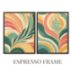 Espresso floater frame boho wall art showcasing palm leaves, earthy and modern aesthetic, high-quality digital print for living spaces, trendy tropical home decoration.