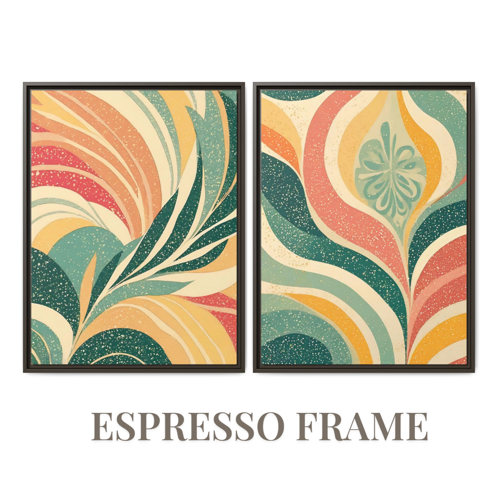 Espresso floater frame boho wall art showcasing palm leaves, earthy and modern aesthetic, high-quality digital print for living spaces, trendy tropical home decoration.