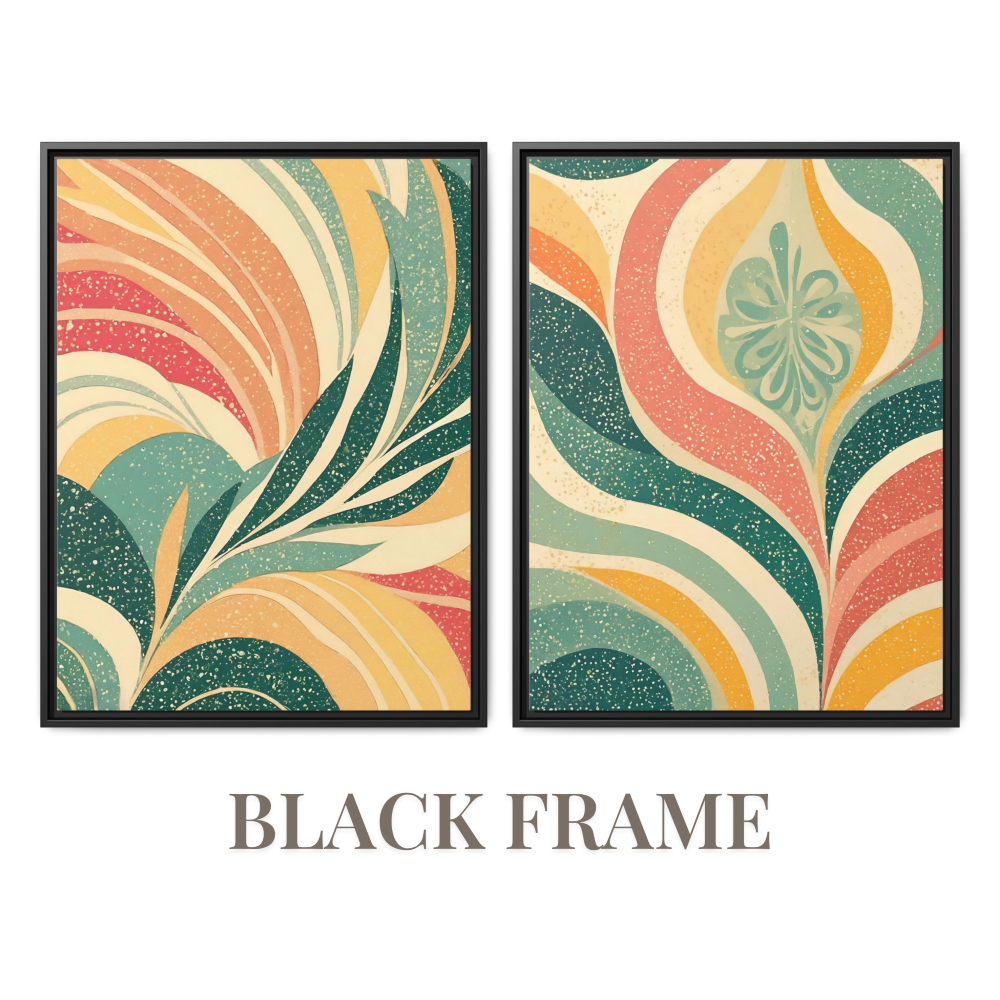 Black floater frame boho wall art with palm leaves illustration, stylish modern home decor, tropical-inspired digital print, suitable for gallery walls and contemporary interiors.