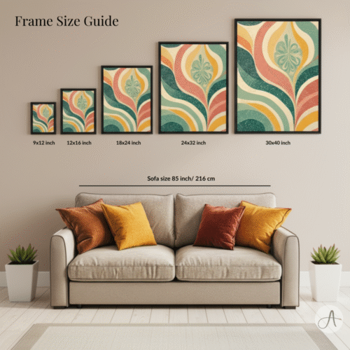 wall art frame size guide showing 9x16, 12x16, and 18x24 inch floater frames on wall, helps visualize proportions and choose ideal art size for modern living spaces.