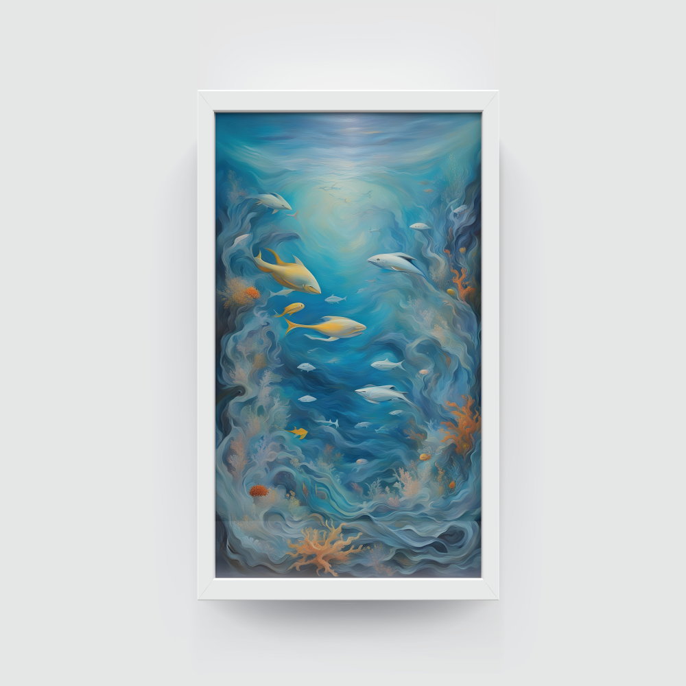 Aquarium abstract painting white framed print, for wall decor - Arts Fiesta Online Art Gallery