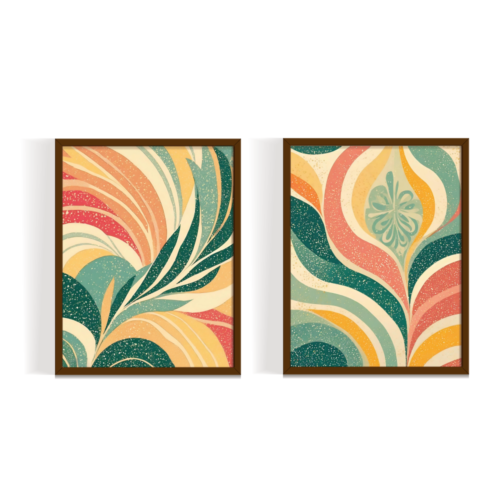 Palm leaves, frame set Boho art, abstract painting brown framed print, for wall decor - Arts Fiesta Online Art Gallery