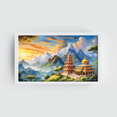 Silent prayers, temple landscape painting, white framed painting for wall decor - arts fiesta online art gallery