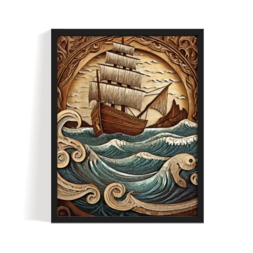 Wooden Ship black framed print, for wall decor - Arts Fiesta Online Art Gallery