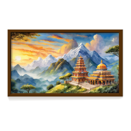 Silent prayers, temple landscape painting, brown framed painting for wall decor - arts fiesta online art gallery