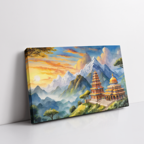 Silent prayers, temple landscape painting, stretched canvas, gallery wrapped canvas for wall decor - arts fiesta online art gallery