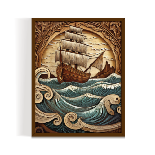 Wooden Ship brown framed print, for wall decor - Arts Fiesta Online Art Gallery