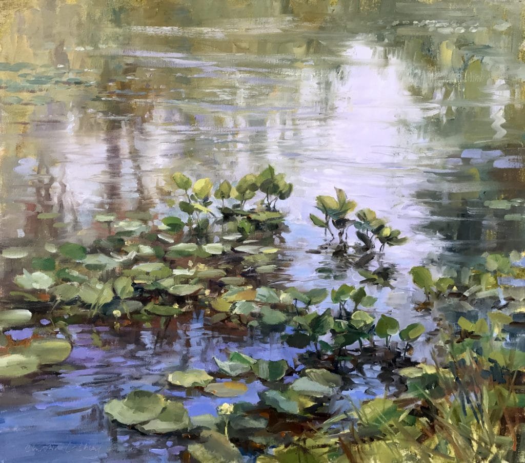 Christine Lashley, “Water Lilies in Summer,” 2016, oil, 24 x 24 inches, private collection
