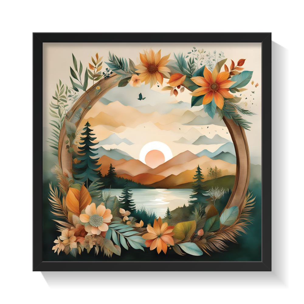 Framed Sunset Black Frame square-01 Framed Sunset, Boho art, abstract painting black framed print, for wall decor - Arts Fiesta Online Art Gallery