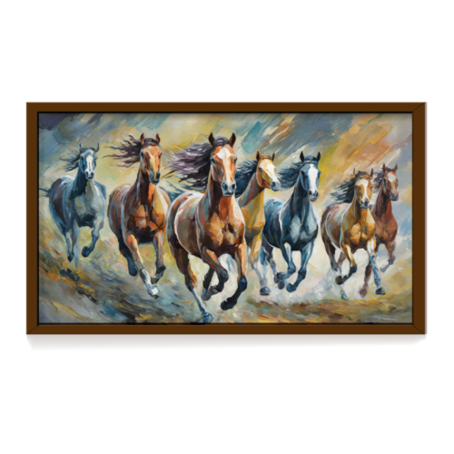 7 Running Horses Painting, canvas landscape painting, brown framed painting for wall decor - arts fiesta online art gallery