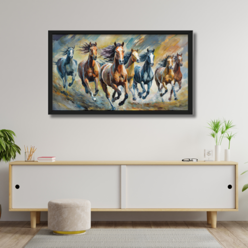 7 Running Horses Painting interior look , canvas landscape painting, framed painting for wall decor - arts fiesta online art gallery