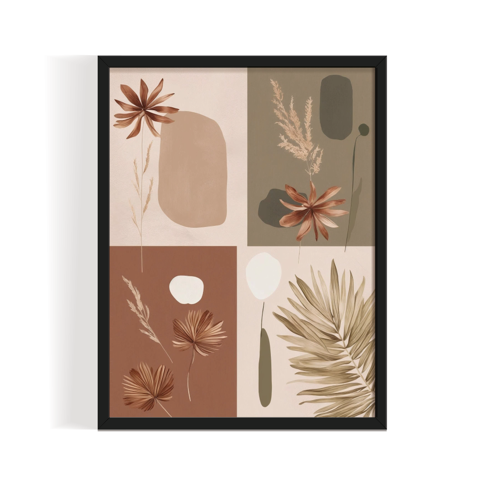 Modern boho botanical wall art featuring earthy abstract floral and leaf illustrations, framed in an black brown wooden frame