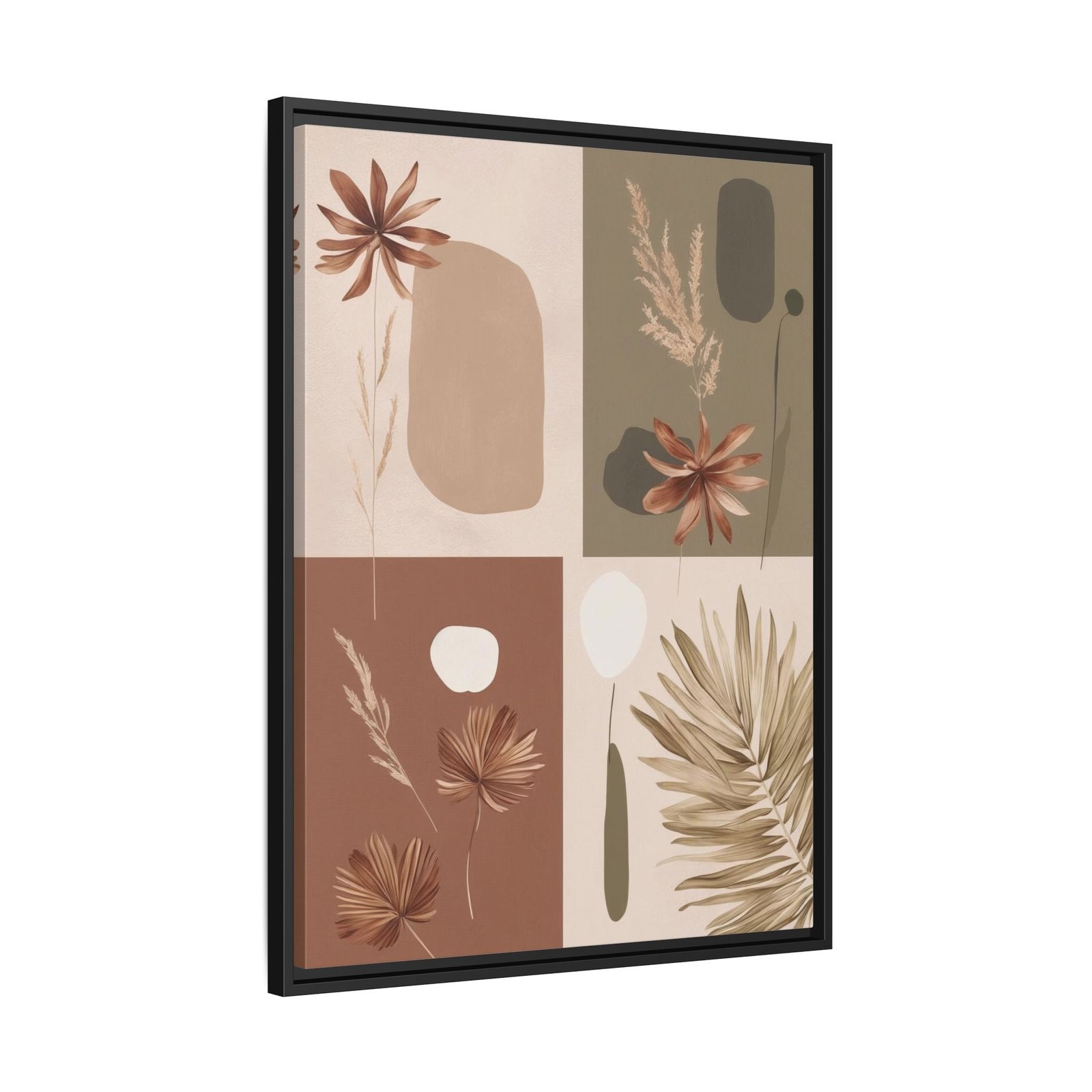 Modern boho botanical wall art featuring earthy abstract floral and leaf illustrations, framed in an black brown wooden frame