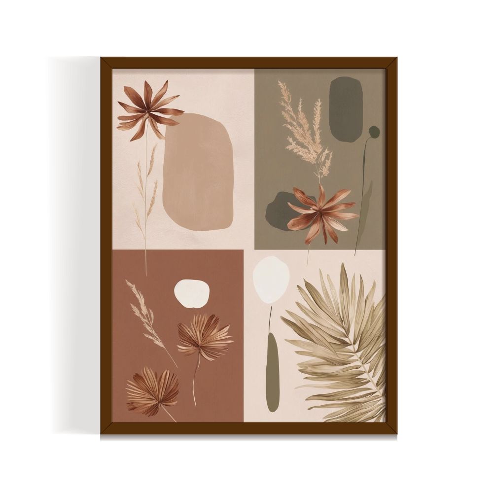 Modern boho botanical wall art featuring earthy abstract floral and leaf illustrations, framed in an espresso brown wooden frame