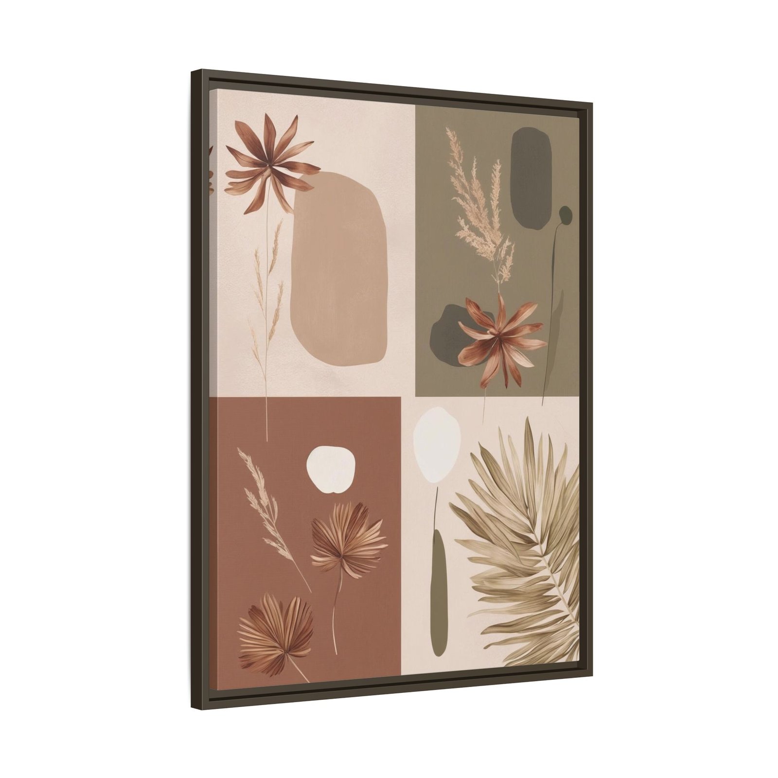 Modern boho botanical wall art featuring earthy abstract floral and leaf illustrations, framed in an black brown wooden frame