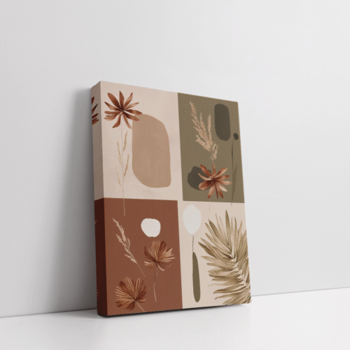 Modern boho botanical wall art featuring earthy abstract floral and leaf illustrations, framed in an stretcehd canvas wooden frame