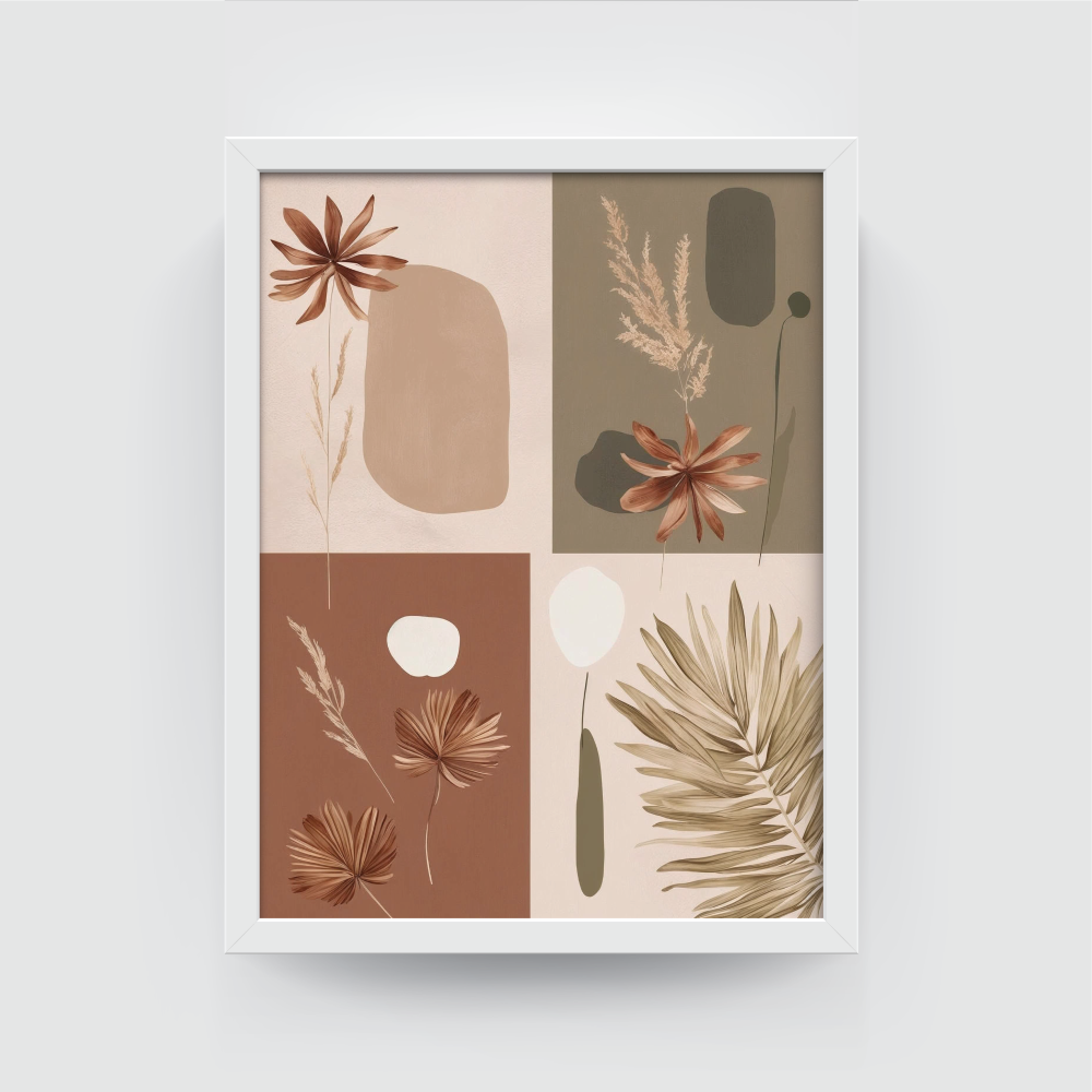 Modern boho botanical wall art featuring earthy abstract floral and leaf illustrations, framed in an white brown wooden frame