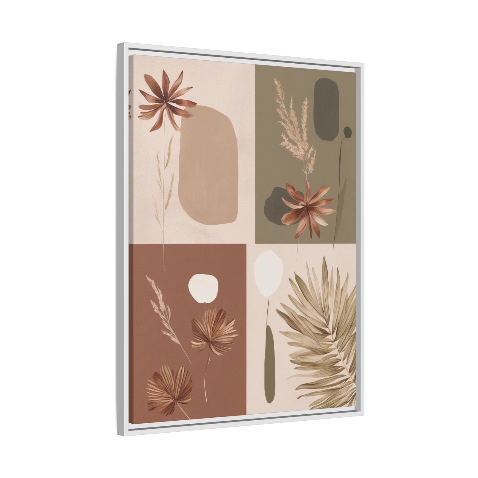 Modern boho botanical wall art featuring earthy abstract floral and leaf illustrations, framed in an white wooden frame