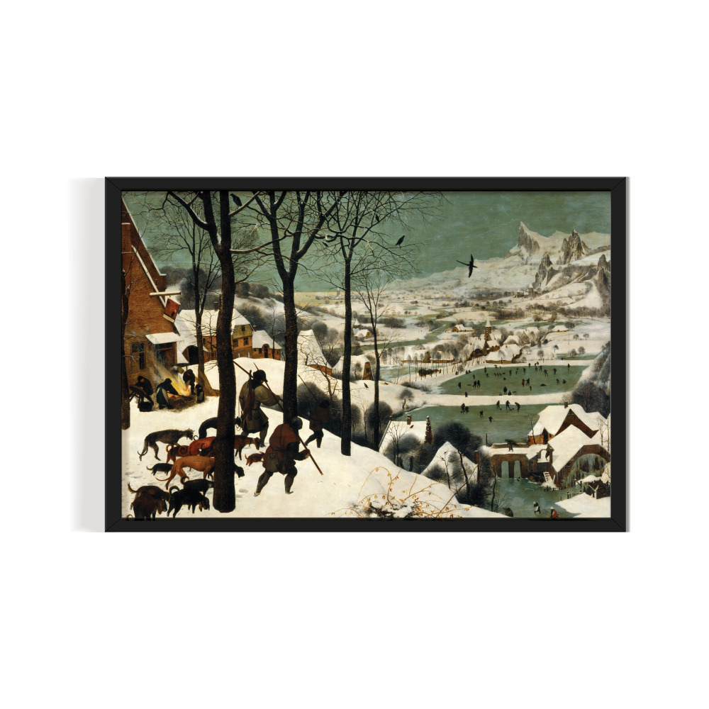 The Hunters in the Snow black frame-01 The hunters in the snow By Pieter Bruegel the Elder, famous painting, vintage painting black frame, landscape painitng print