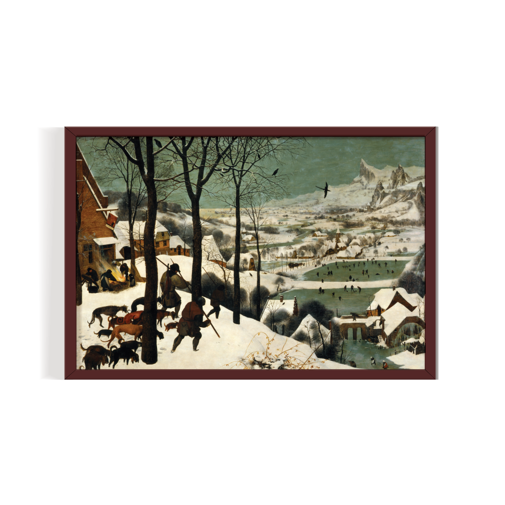The Hunters in the Snow brown frame-01 The hunters in the snow By Pieter Bruegel the Elder, famous painting, vintage painting brown frame, landscape painitng print