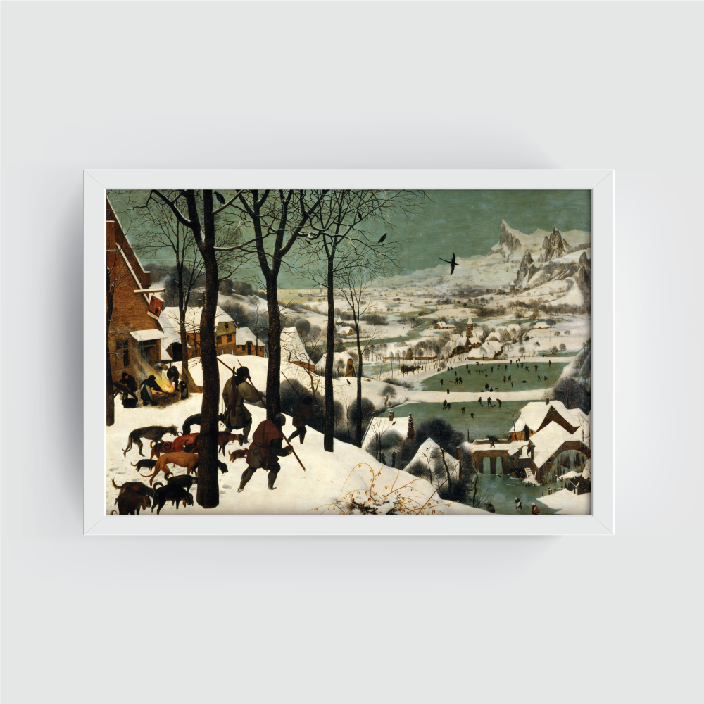 The Hunters in the Snow white frame-01 The hunters in the snow By Pieter Bruegel the Elder, famous painting, vintage painting white frame, landscape painitng print