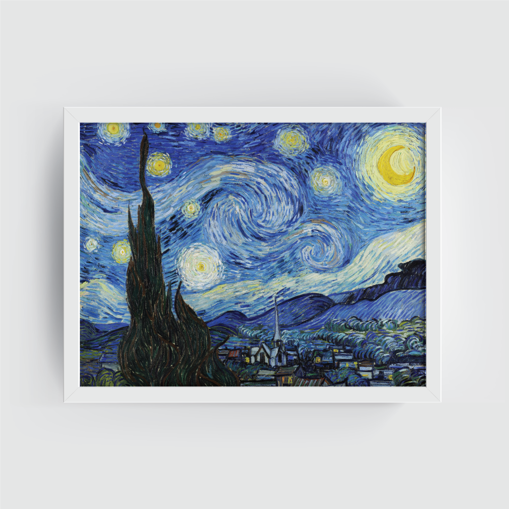 The Starry Night By Vincent Van Gogh, famous painting, vintage painting white frame, starry painitng print
