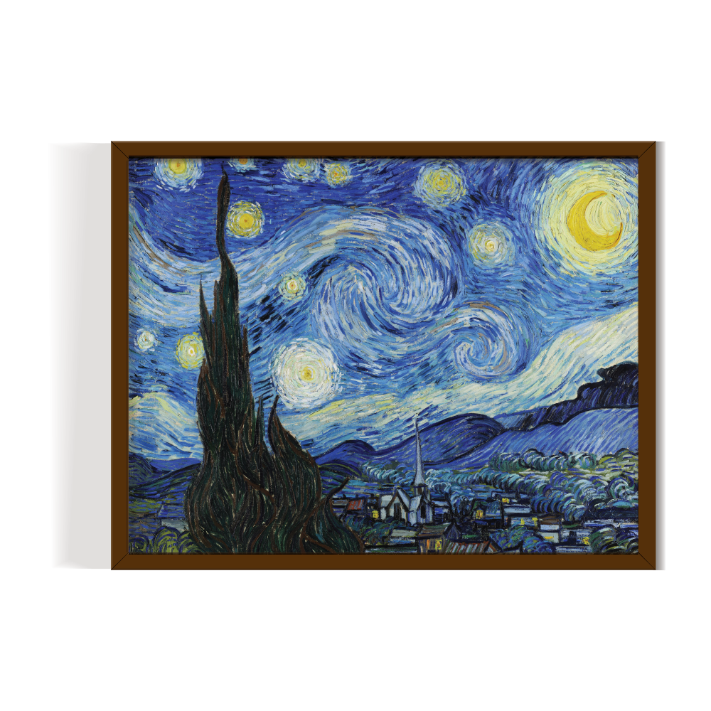 The Starry Night By Vincent Van Gogh, famous painting, vintage painting brown frame, starry painitng print