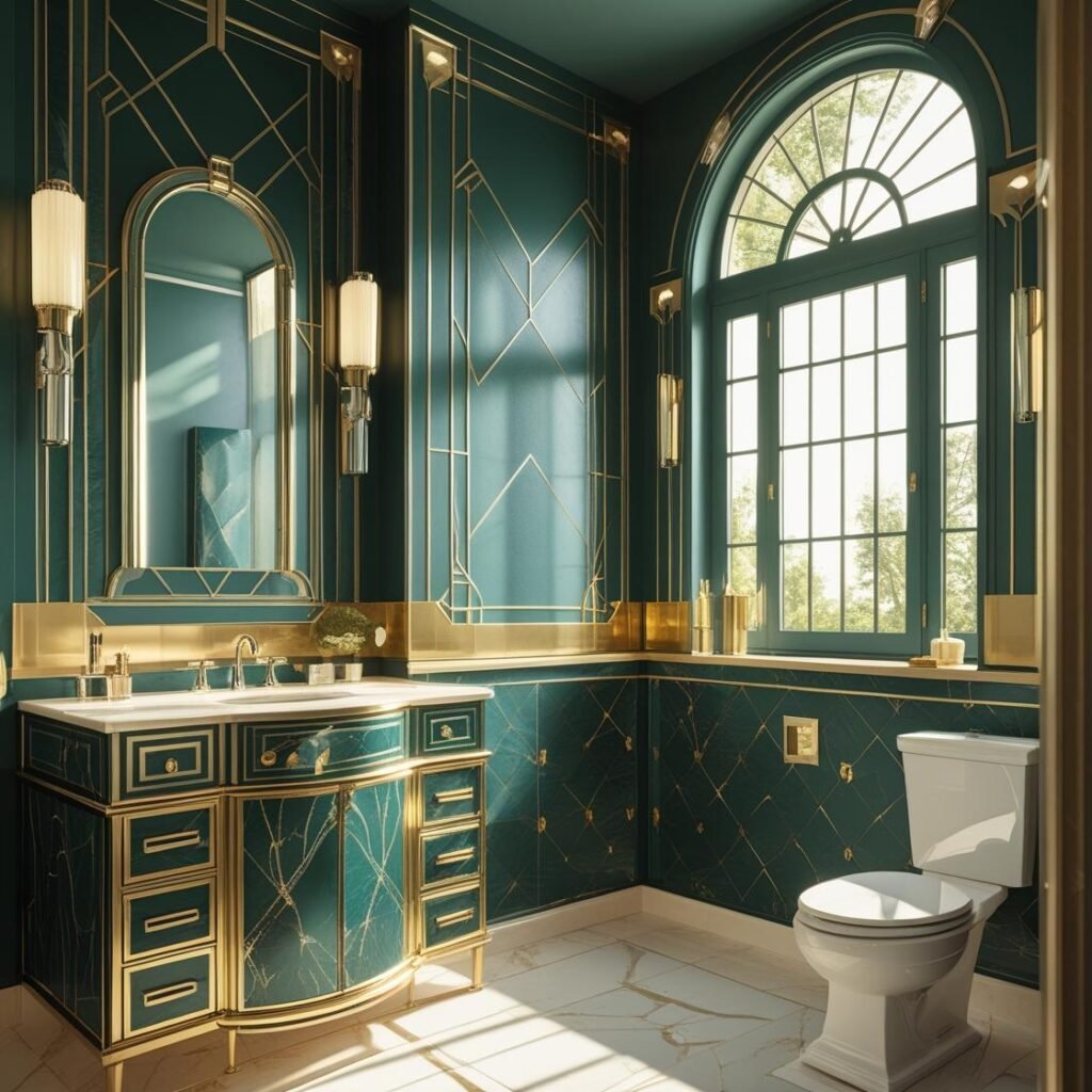 The glamour of the Roaring Twenties returns in 2025 with Art Deco-inspired spaces, especially in bathrooms. Think gold accents, symmetrical geometric patterns, and bold, glamorous prints.