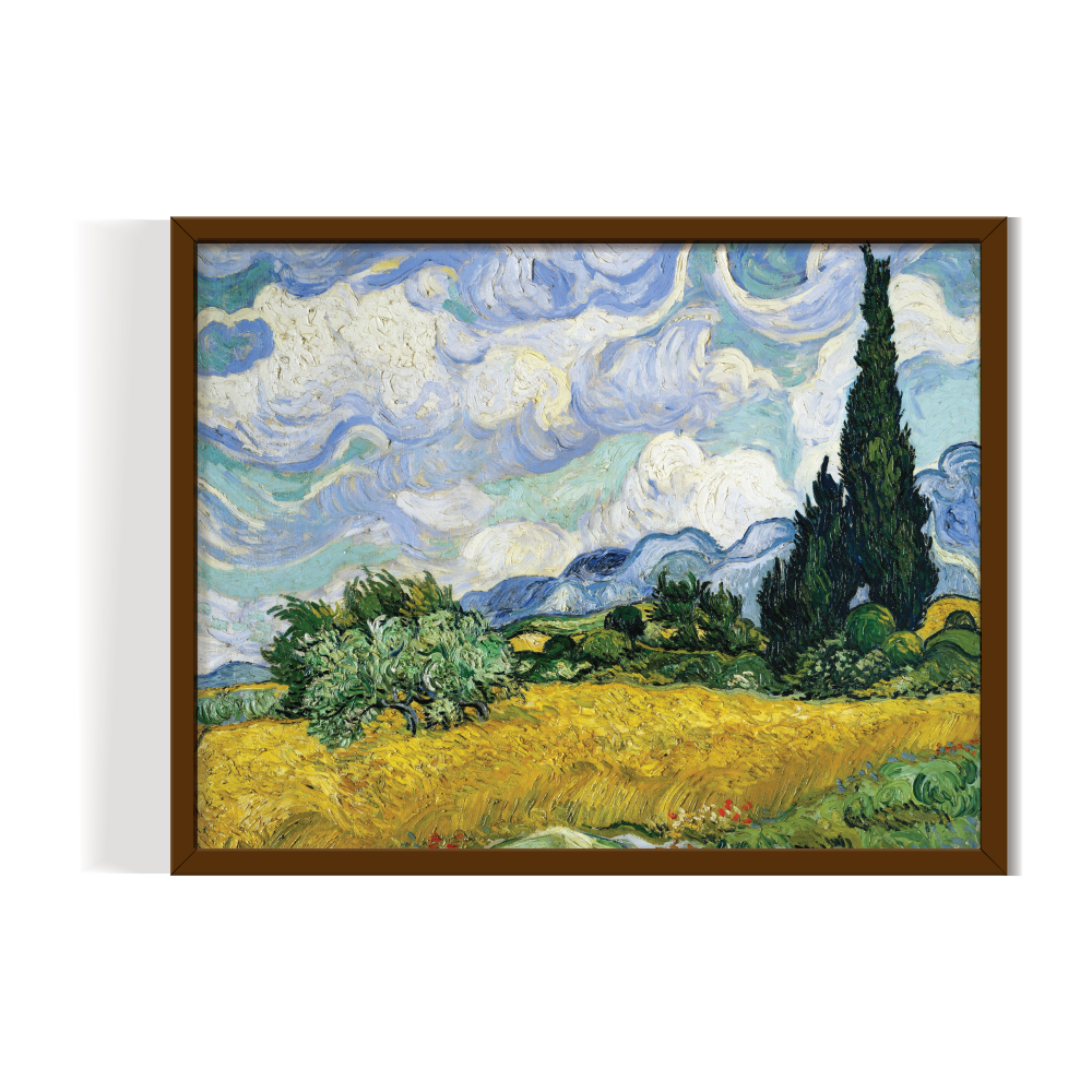Wheat Field with Cypresses By Vincent Van Gogh, famous painting, vintage painting brown frame, van gogh painitng print