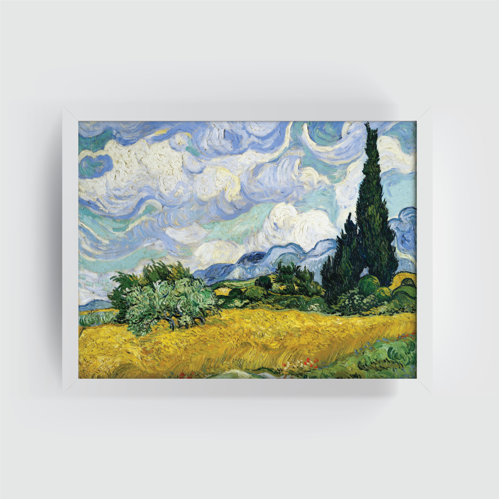 Wheat Field with Cypresses By Vincent Van Gogh, famous painting, vintage painting white frame, van gogh painitng print