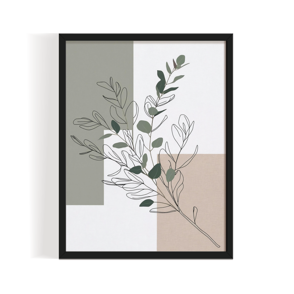 Botanics Charm black frame-01 Botanics Charm Black framed is a modern botanical line art print with earthy tones and abstract shapes. Perfect for minimalist, boho, and Scandinavian-style interiors.