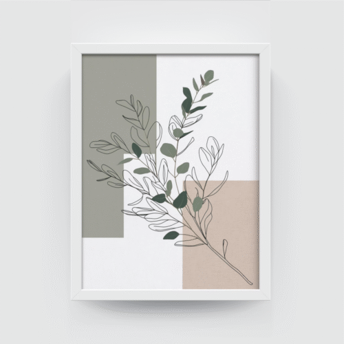 Botanics Charm white framed is a modern botanical line art print with earthy tones and abstract shapes. Perfect for minimalist, boho, and Scandinavian-style interiors.