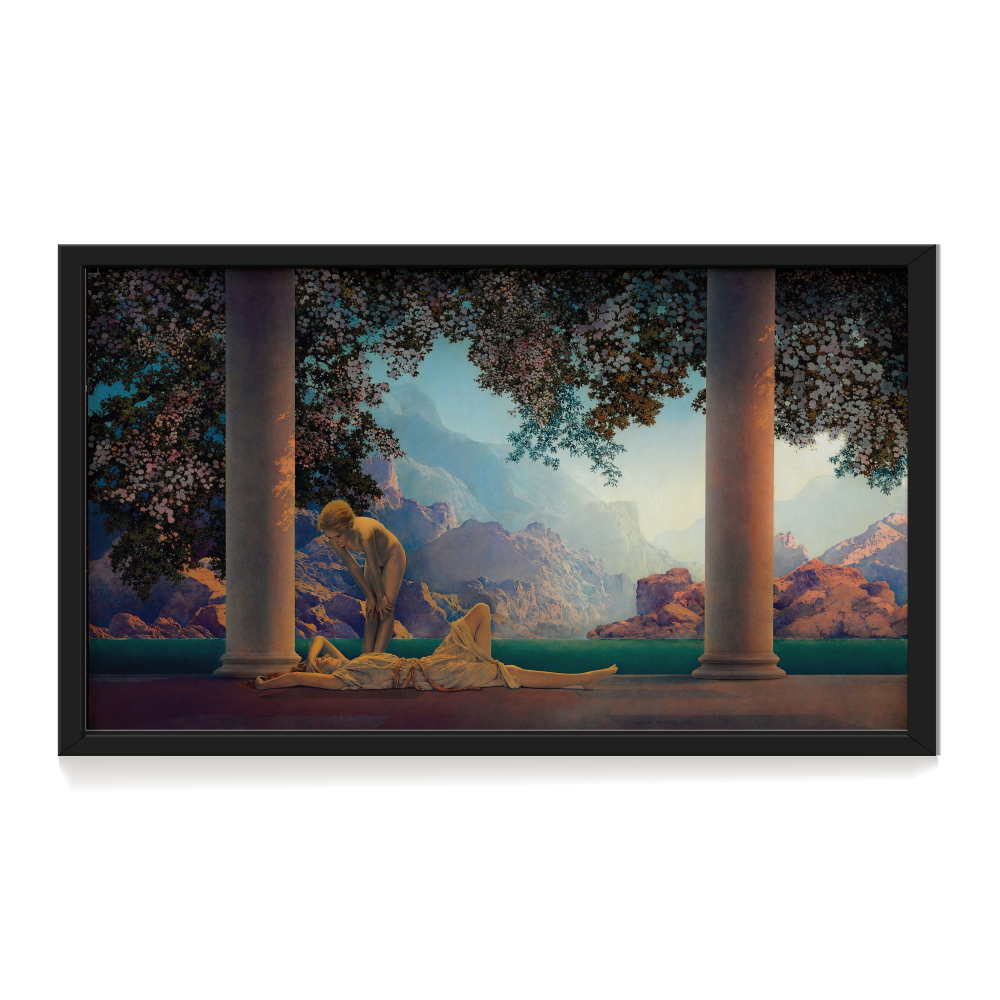 Maxfield Parrish Daybreak, Daybreak canvas art, vintage art print, dreamy classical painting, golden hour artwork, romantic wall decor, fine art canvas print, vintage wall art, serene bedroom art, classic artist print, timeless canvas painting black canvas art print