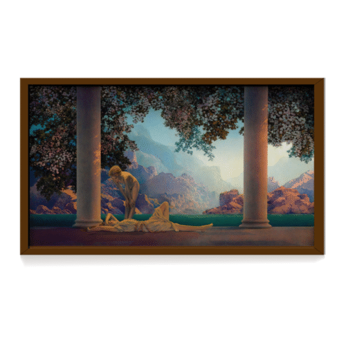 Maxfield Parrish Daybreak, Daybreak canvas art, vintage art print, dreamy classical painting, golden hour artwork, romantic wall decor, fine art canvas print, vintage wall art, serene bedroom art, classic artist print, timeless canvas painting. brown canvas art print