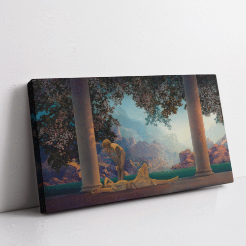 Maxfield Parrish Daybreak, Daybreak canvas art, vintage art print, dreamy classical painting, golden hour artwork, romantic wall decor, fine art canvas print, vintage wall art, serene bedroom art, classic artist print, timeless canvas painting. stretched canvas art print