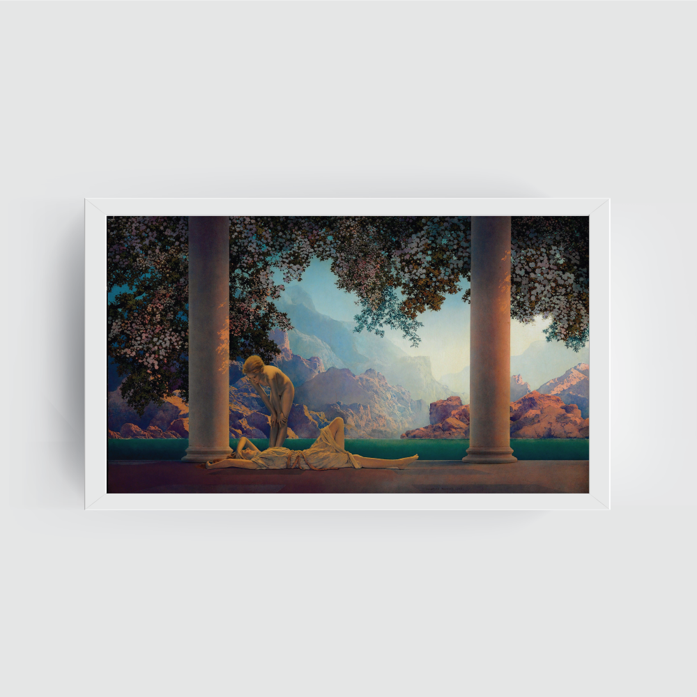 Maxfield Parrish Daybreak, Daybreak canvas art, vintage art print, dreamy classical painting, golden hour artwork, romantic wall decor, fine art canvas print, vintage wall art, serene bedroom art, classic artist print, timeless canvas painting white canvas art print