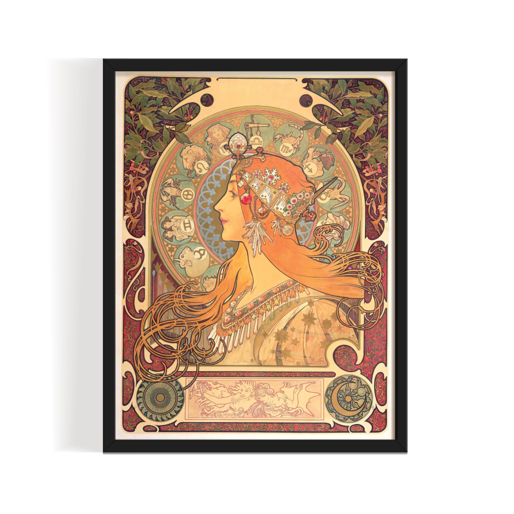 Alphonse Mucha print, Zodiac canvas art, vintage art print, art nouveau painting, decorative wall art, bohemian wall decor, celestial art print, astrology poster, classic artist prints, vintage canvas art. black framed canvas