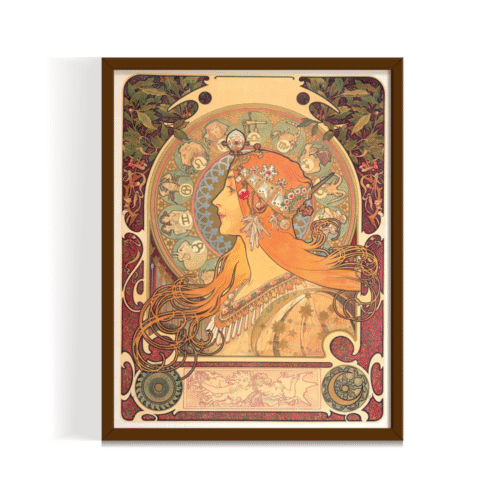 Alphonse Mucha print, Zodiac canvas art, vintage art print, art nouveau painting, decorative wall art, bohemian wall decor, celestial art print, astrology poster, classic artist prints, vintage canvas art. brown framed canvas