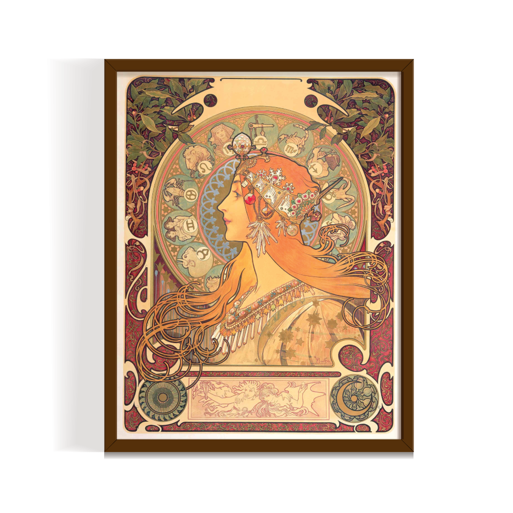 Alphonse Mucha print, Zodiac canvas art, vintage art print, art nouveau painting, decorative wall art, bohemian wall decor, celestial art print, astrology poster, classic artist prints, vintage canvas art. brown framed canvas